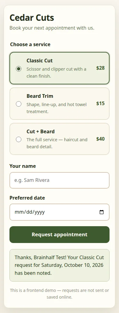 Cedar Cuts mobile demo with three service choices, name and date fields, and a test confirmation